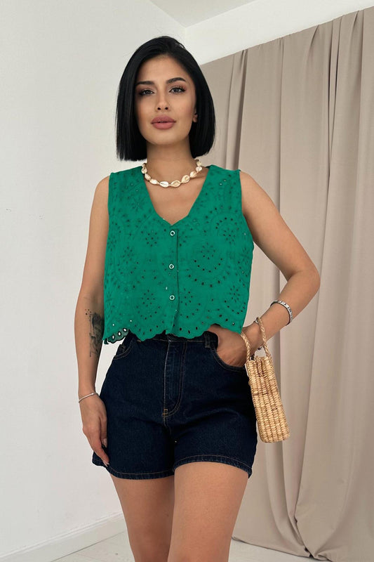 Green Flower Button Up Top