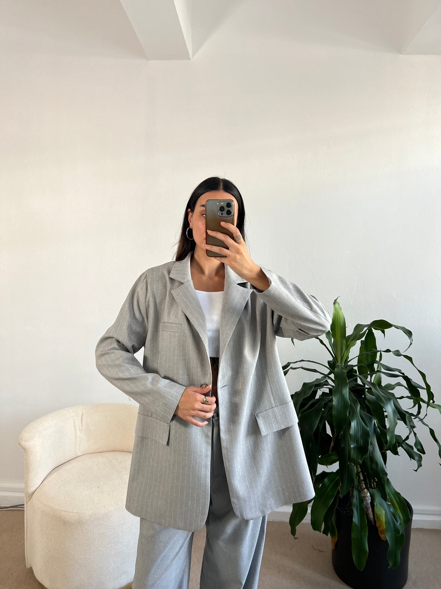 Gray Striped Oversized Blazer Jacket