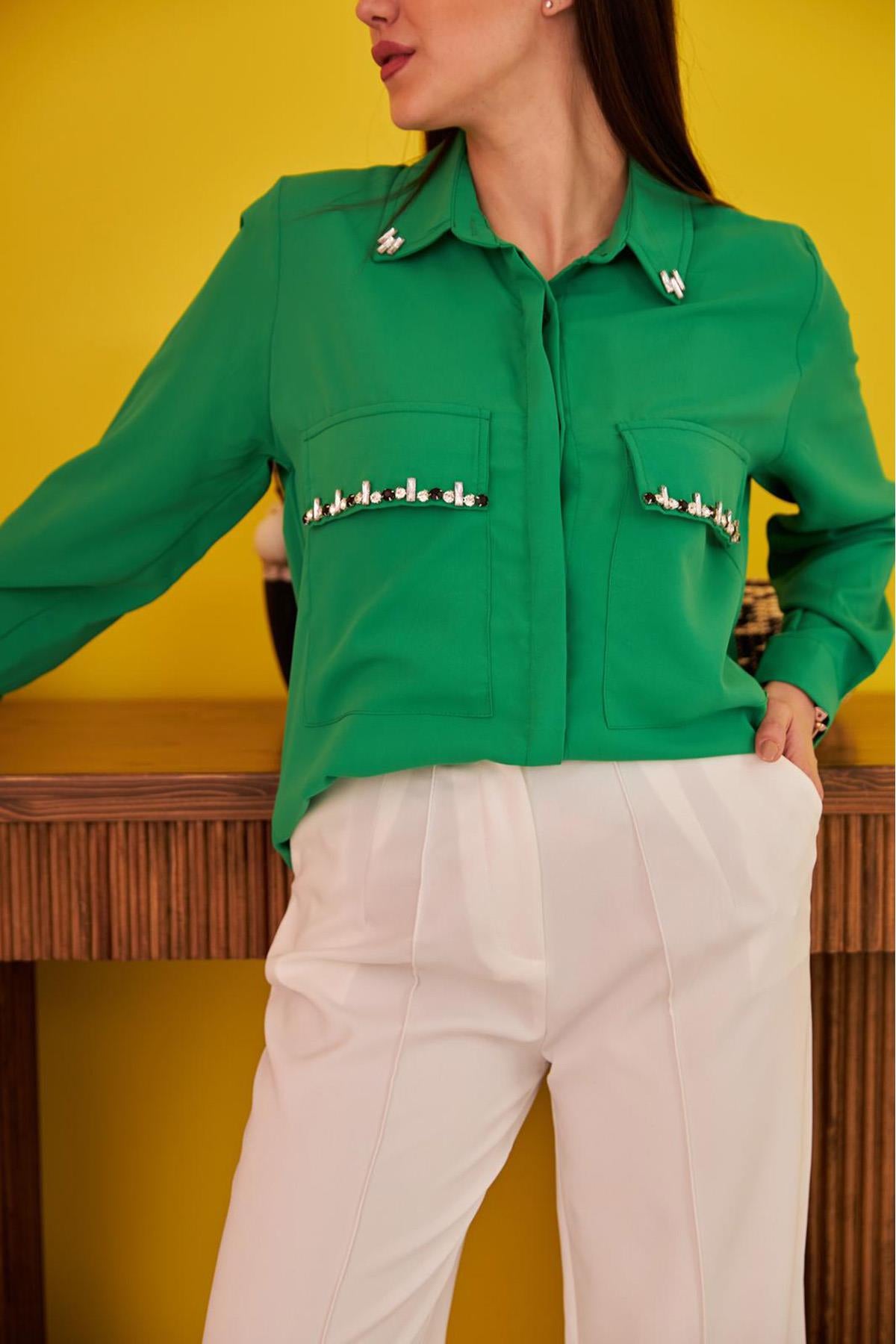 Green Stone Embellished Satin Shirt