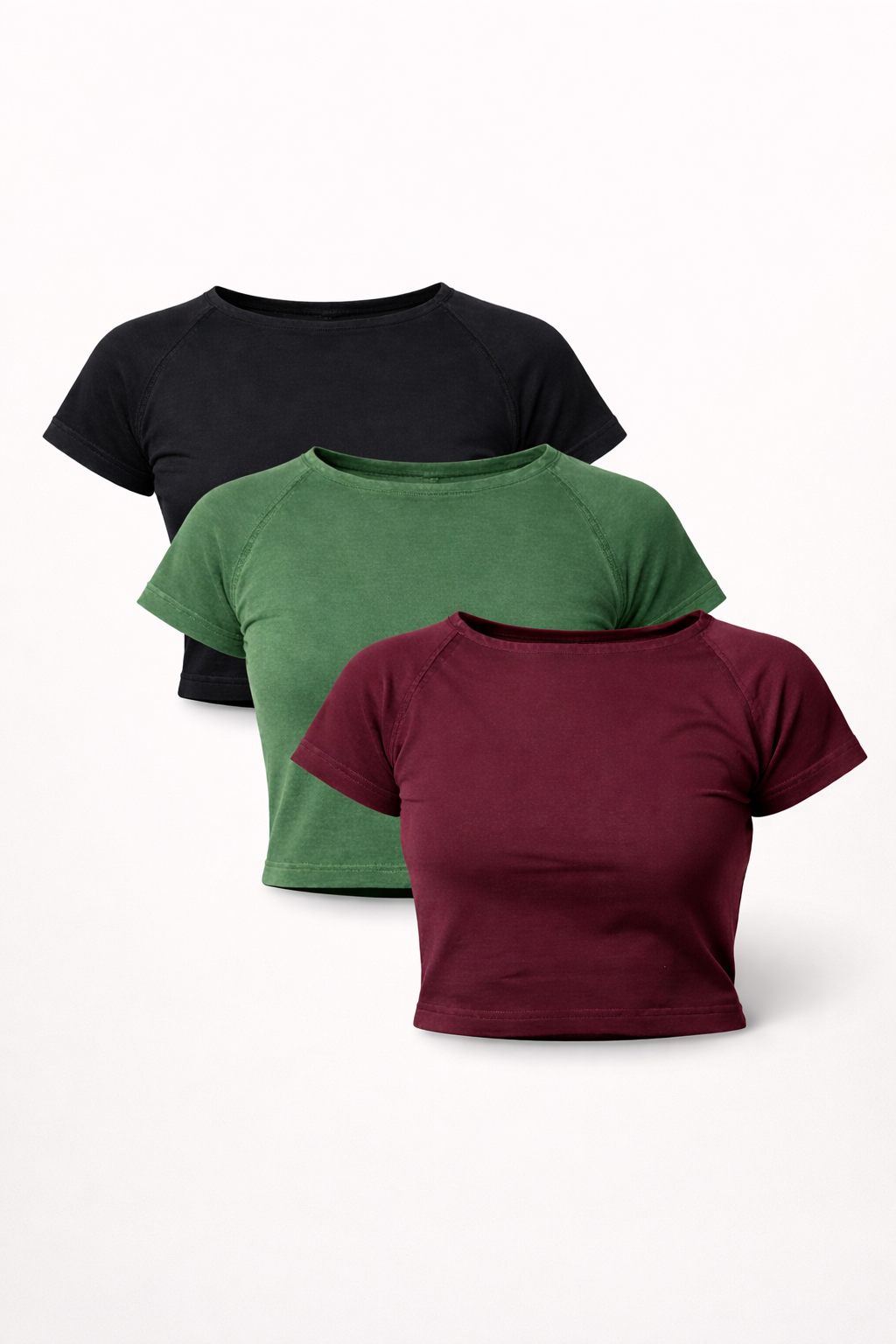 (Pack of 3) Washed Baby Tee - Wine, Black, Dark Green
