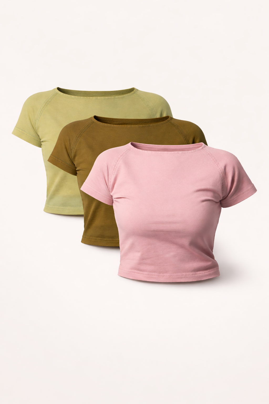 (Pack of 3) Washed Baby Tee - Mustard Brown, Pink, Light Green