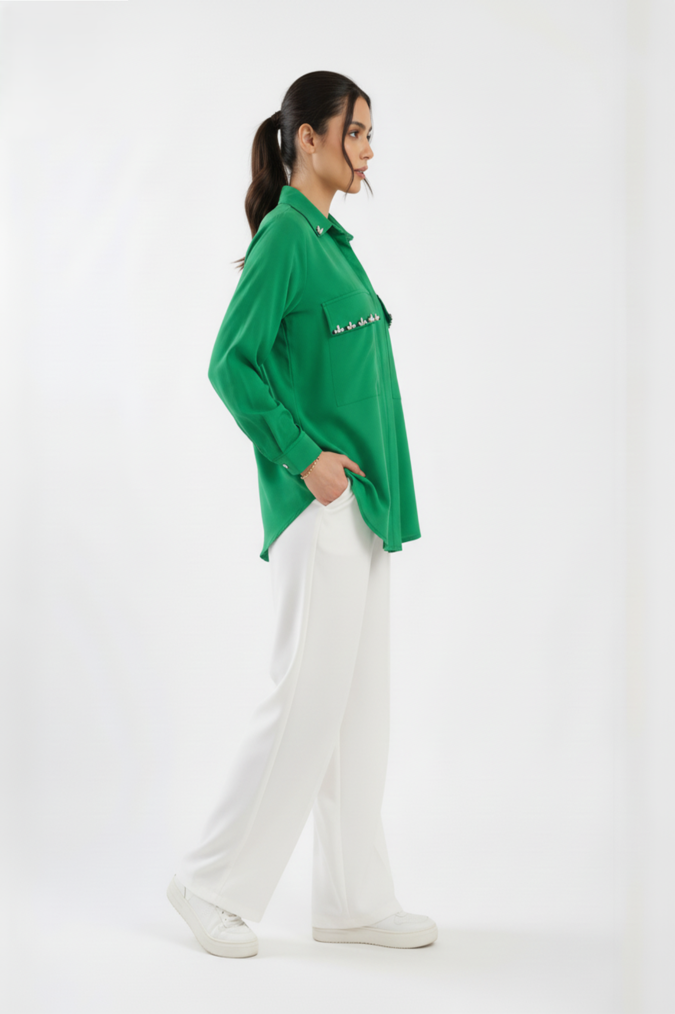 Green Stone Embellished Satin Shirt