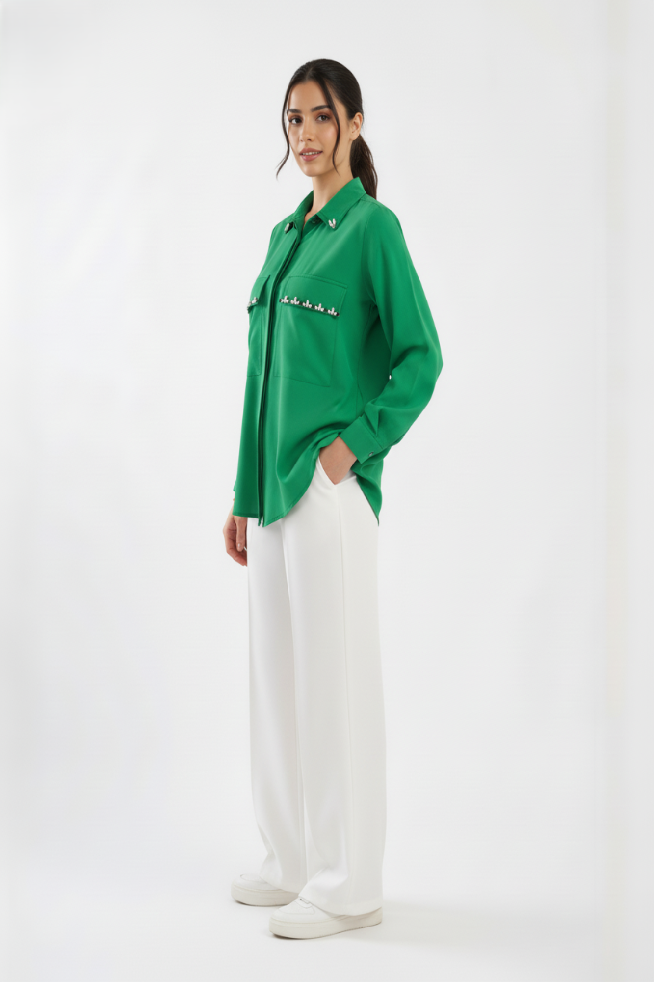 Green Stone Embellished Satin Shirt
