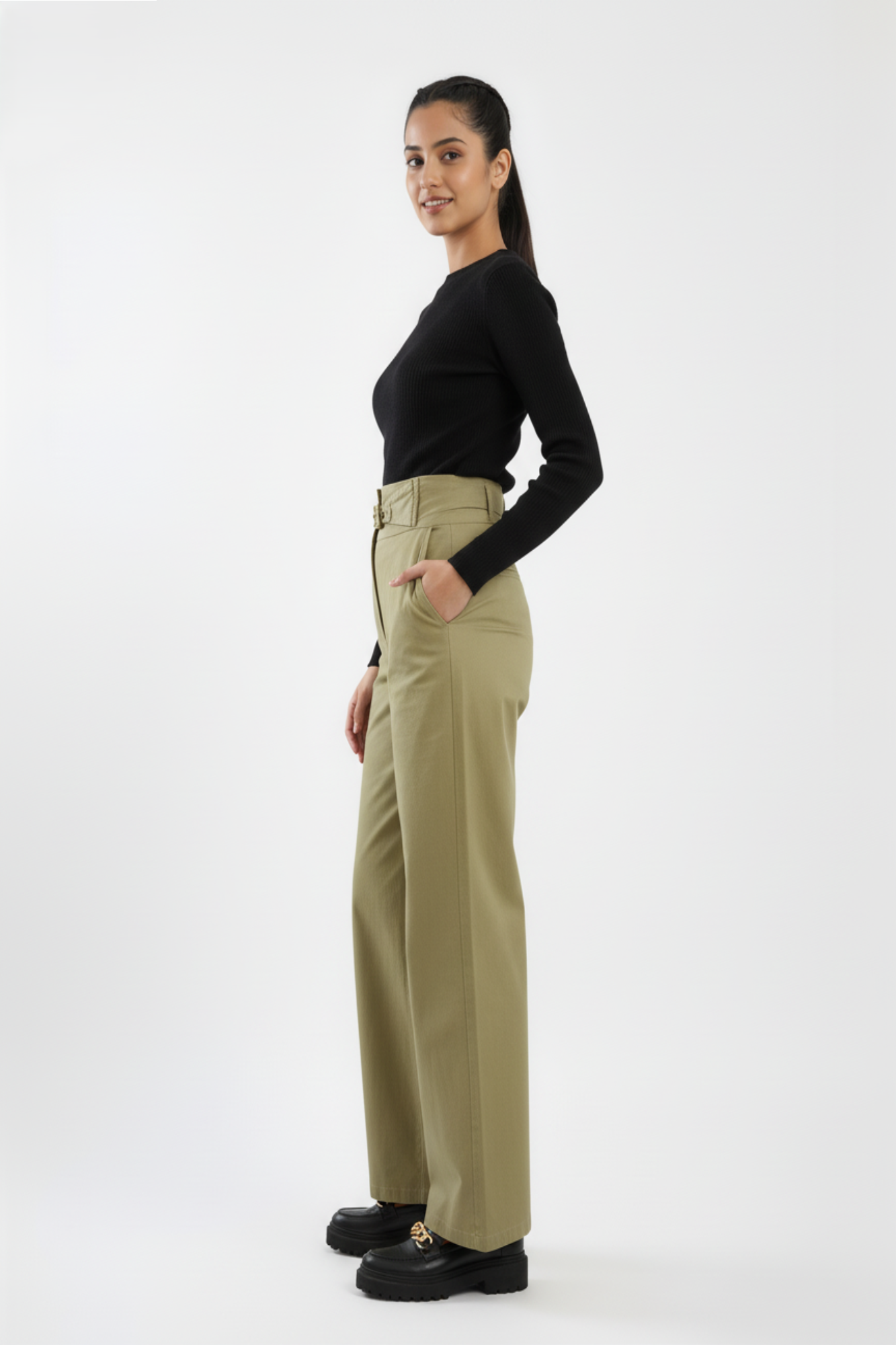 Khaki Buckle Belt Trouser