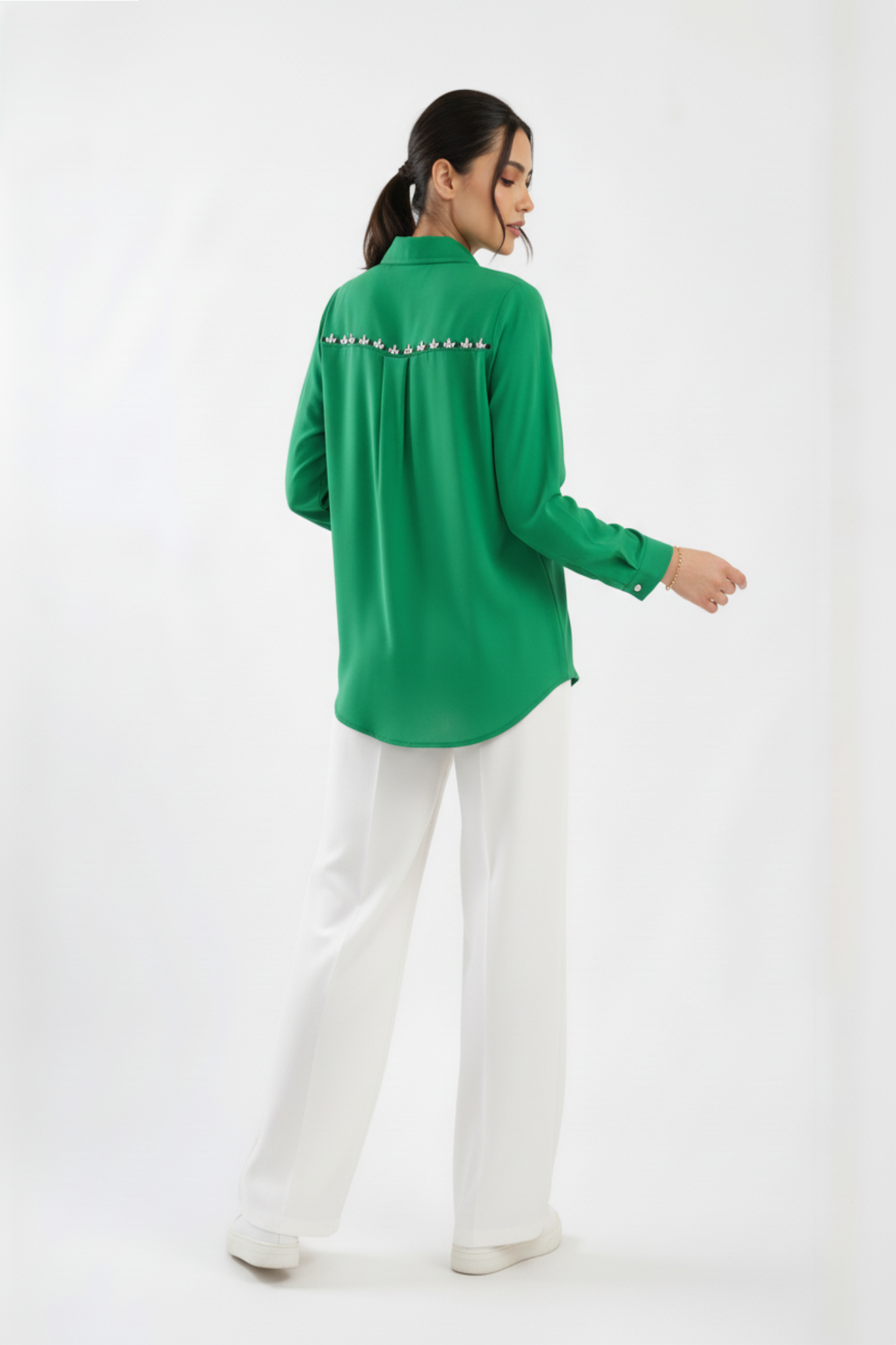Green Stone Embellished Satin Shirt