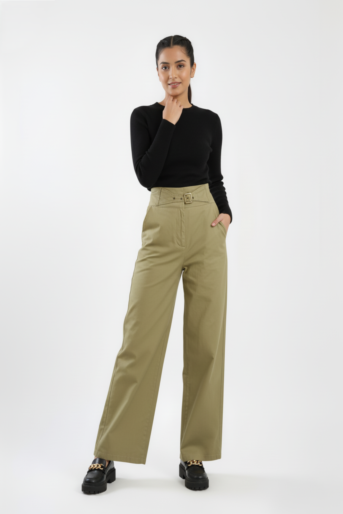 Khaki Buckle Belt Trouser