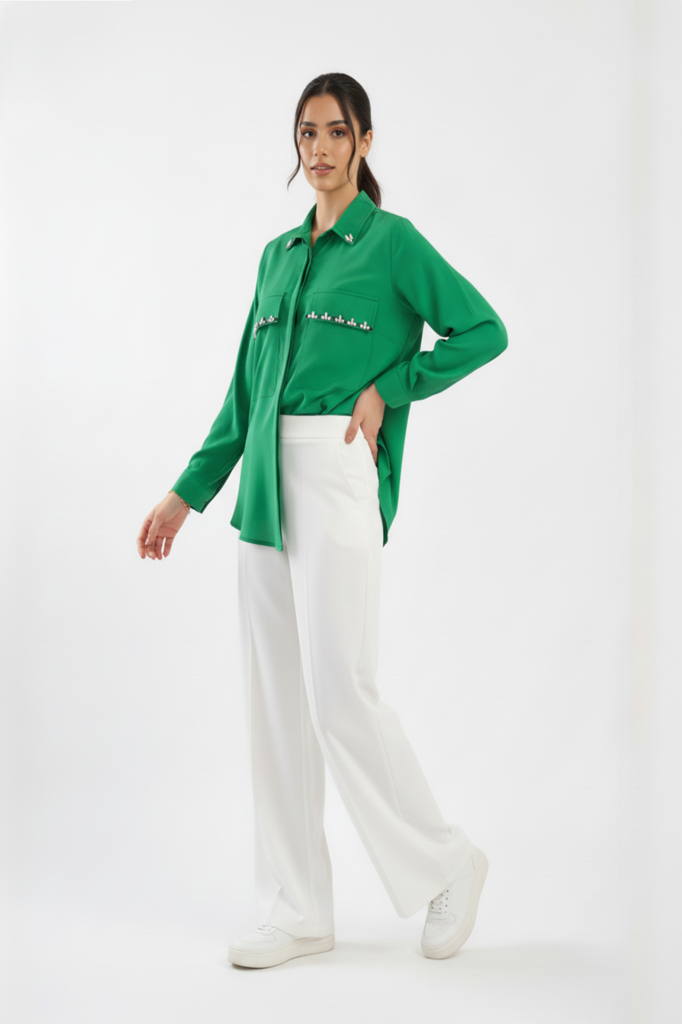 Green Stone Embellished Satin Shirt