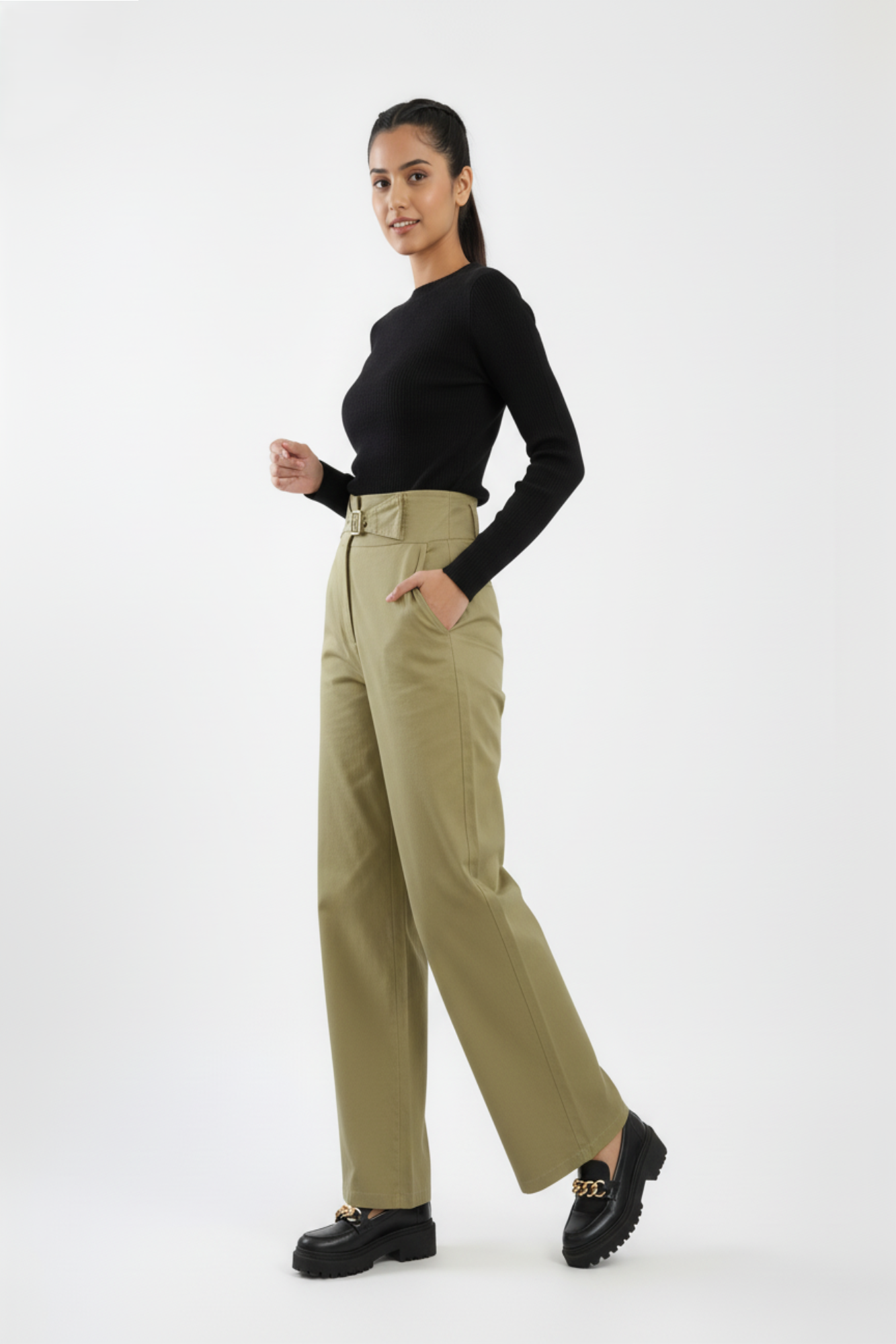 Khaki Buckle Belt Trouser