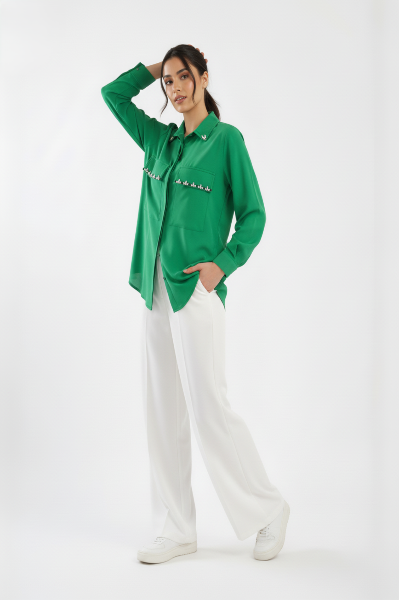 Green Stone Embellished Satin Shirt